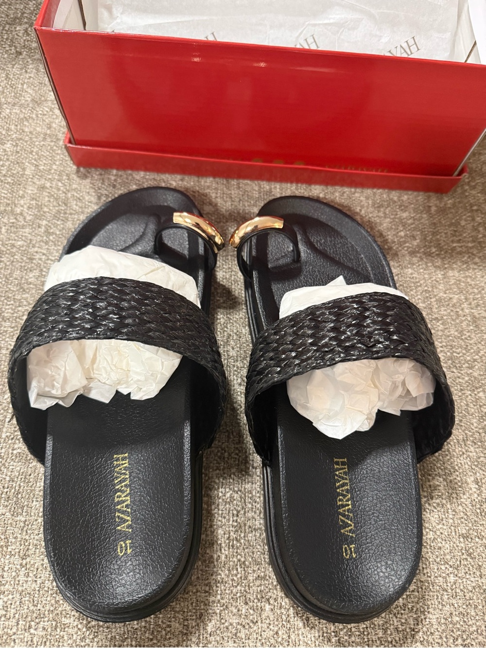 Black Braided Slide Sandals with Gold Accent - Picture 3 of 8